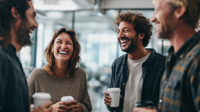 Group of coworkers laughing and chatting while holding coffee cups in a modern office, capturing teamwork, friendship, and positive workplace culture