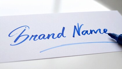Obraz premium White paper on wooden desk with “Brand Name” written in blue cursive, curved underline sweeping upward, blurred background, simple composition emphasizing creativity, identity, and concept of branding