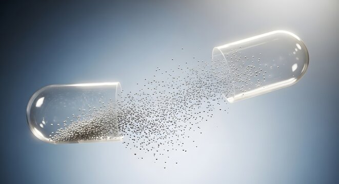 Opened transparent capsule with particles spilling out