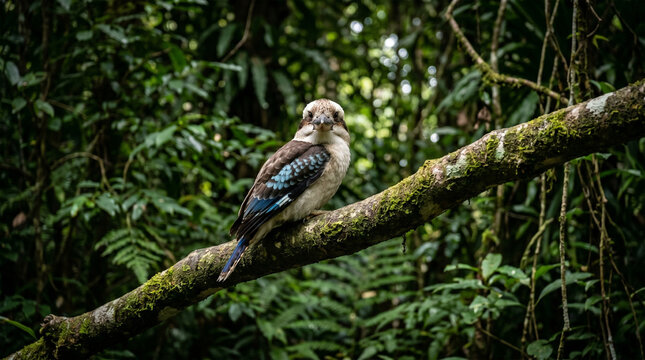 A full-body photograph of a Kookaburra perched prominently on a thick, moss-covered eucalyptus branch. Its wings are slightly tucked, revealing the subtle patches of iridescent blue on the wing covert