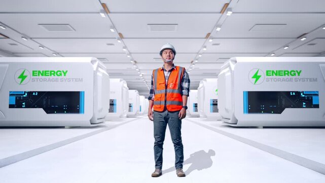 Full Body Of Asian Male Engineer With Safety Helmet Looking Around While Standing at Modular Energy Storage Systems