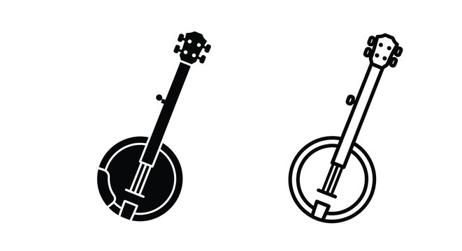 Two black and white banjo silhouettes facing opposite directions simple design