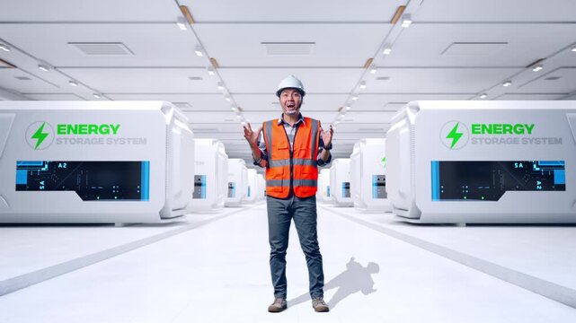 Full Body Of Asian Male Engineer With Safety Helmet Smiling To Camera And Saying Wow While Standing at Modular Energy Storage Systems