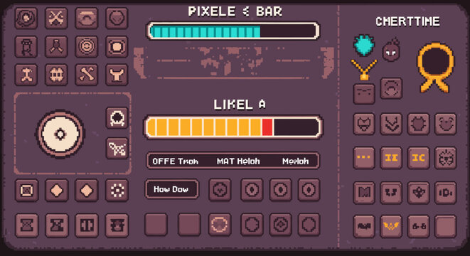 Pixel Art Game Interface Elements and Icons.