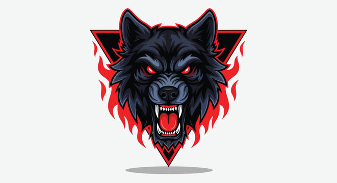 Aggressive Black Wolf Head with Fiery Red Eyes and Flames.