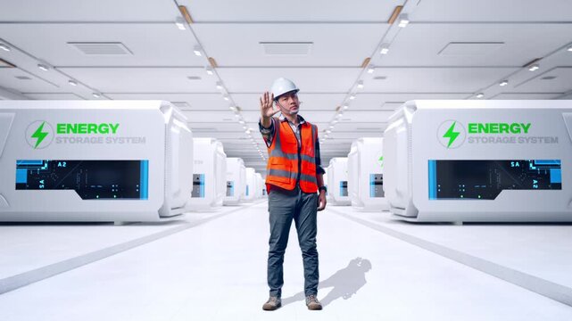 Full Body Of Asian Male Engineer With Safety Helmet Disapproving With No Hand Sign While Standing at Modular Energy Storage Systems