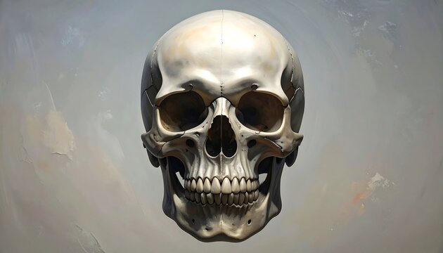 A metallic skull with a neutral expression on a gray background
