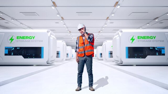 Full Body Of Asian Male Engineer With Safety Helmet Showing Ok Hand Sign Over Eye And Smiling To Camera While Standing at Modular Energy Storage Systems