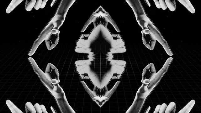 A mesmerising kaleidoscopic style abstract background featuring posed spinning hands in a looping pattern.
