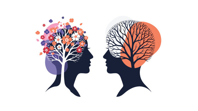 Two human profiles with trees growing from their minds representing growth and different states of mind on a white background.