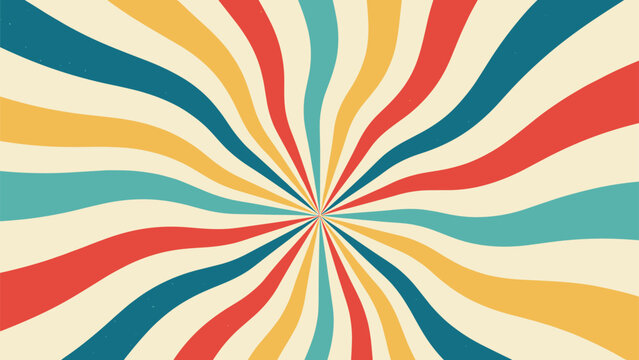Vibrant retro sunburst background with colorful wavy rays in teal, orange, and red creates a nostalgic psychedelic 70s aesthetic.