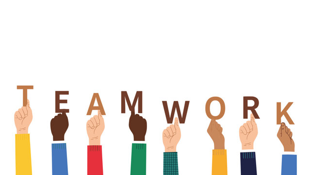 Group of diverse hands holding up the letters that spell out the word teamwork symbolizes collaboration and collective effort.