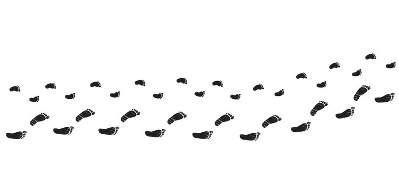 Black icon symbol illustration of large adult male footprints alongside tiny baby footprints on a wide panoramic background, representing fatherhood