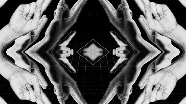 A mesmerising kaleidoscopic style abstract background featuring posed spinning hands in a looping pattern.
