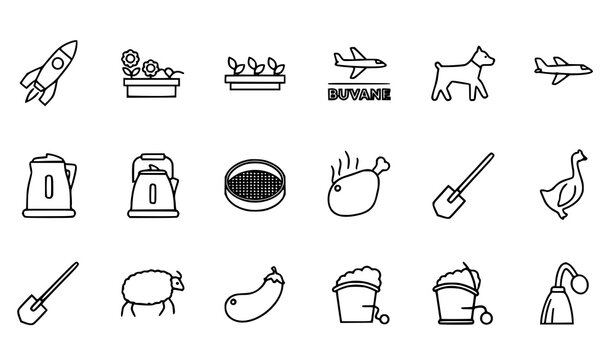 Thin stroke minimal mixed icon set with travel agriculture and cleaning outline symbols for UI design