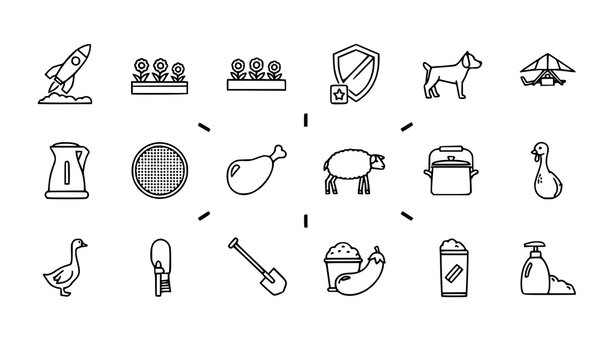 Modern outline mixed icon collection with travel farming and household symbols in thin line style vector
