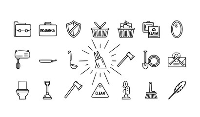 Modern outline household icon collection with cleaning kitchen and service symbols in thin line style vector © Shukimon