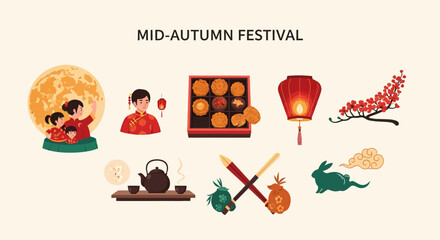 Collection of MidAutumn Festival illustrations including mooncakes lanterns family portraits and jade rabbits © Agung