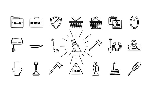 Modern outline household icon collection with cleaning kitchen and service symbols in thin line style vector