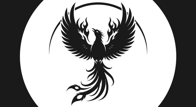 Black Phoenix Bird Silhouette Rising Flames.