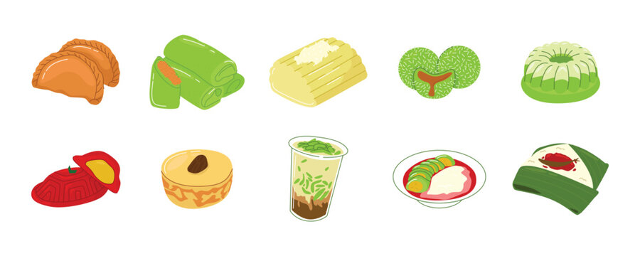 Flat design illustration of Indonesian traditional desserts and cakes collection. Illustration of Indonesian traditional street food and snacks set