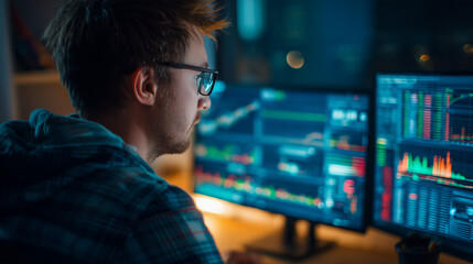 Fototapeta premium Man trades on computer, focused on financial chart analysis data