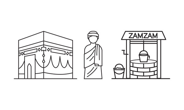 Islamic Hajj pilgrimage line icons, Kaaba building and Zamzam well with pilgrim character, religious travel and Umrah ritual vector set