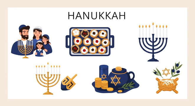 Hanukkah holiday illustration set featuring a family menorahs dreidels sufganiyot latkes and festive symbols