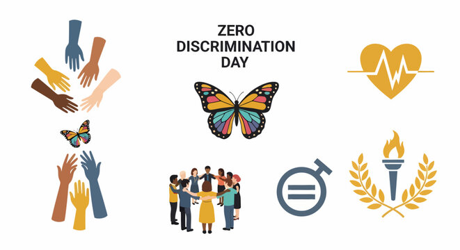 Illustration for Zero Discrimination Day with diverse hands people circle butterfly and equality symbols on white