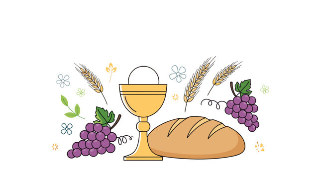 Religious illustration of bread, grapes, wheat, and a golden chalice with a host for holy communion on a white background.