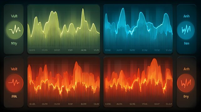 management system interface showing predictive analytics graphs and probability heat maps in neon tones