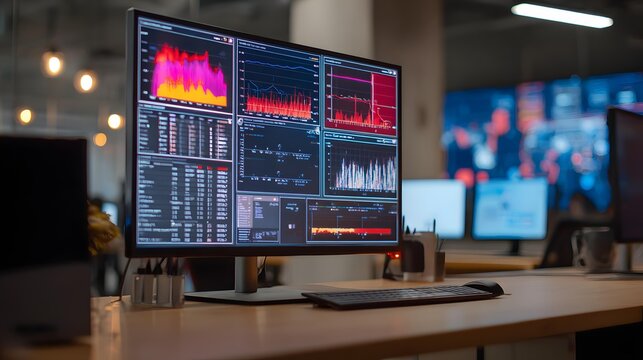 management system interface showing predictive analytics graphs and probability heat maps in neon tones