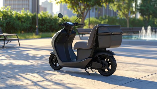 Sleek matte black electric scooter with aerodynamic design and rear storage box, parked on paved urban plaza with trees, fountain, and tall buildings in background, morning or late afternoon light cas