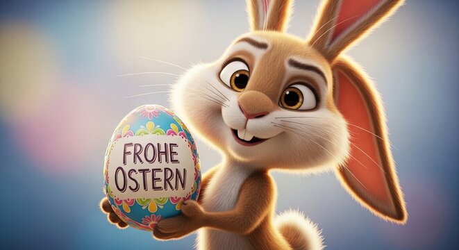 A cheerful cartoon bunny holding a colorful Easter egg with a happy expression on its face in a bright background.