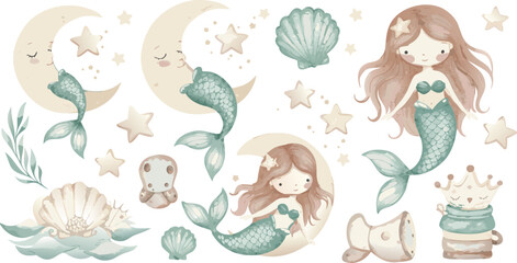 Obraz premium Whimsical illustration of two mermaids and ocean creatures with seashells and stars