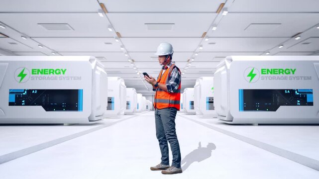 Full Body Side View Of Asian Male Engineer With Safety Helmet Using Smartphone And Looking Around While Standing at Modular Energy Storage Systems