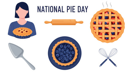 National Pie Day illustration with a woman rolling pin whisks pie server and various whole berry pies © Agung