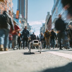 Obraz premium Small Four Legged Robot on City Street Surrounded by Blurry Pedestrians on a Sunny Day