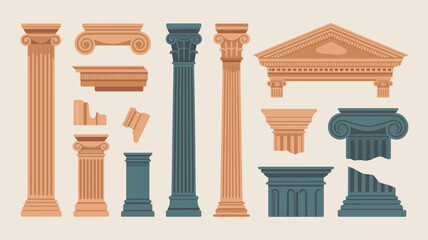 An illustrated collection of classical architectural elements including columns pediments and capitals depicted in muted orange and teal tones high quality professional detailed modern elegant stylish © Raian