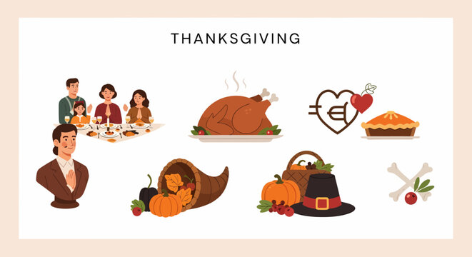 Thanksgiving illustration with a family dining roasted turkey cornucopia pumpkins buckled hat and a pie