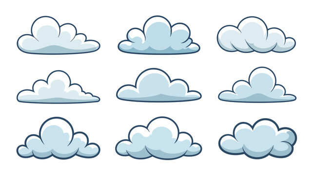 A collection of nine cartoon style clouds are displayed against a white background showcasing varying shapes and sizes high quality professional detailed modern elegant stylish clean
