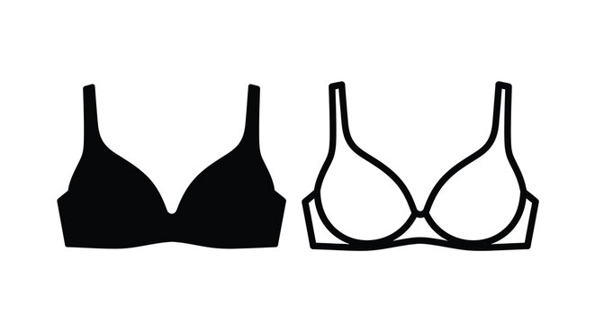 Two black and white outline illustrations of women s undergarments bras