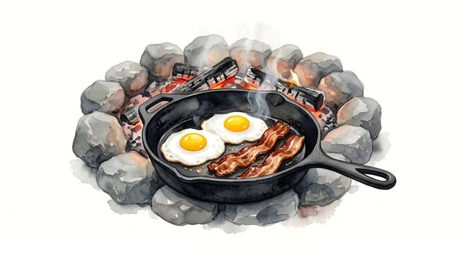 Watercolor illustration of fried eggs and bacon in a cast iron skillet over a rustic campfire. Hand-drawn outdoor breakfast scene with stones and embers on white background.