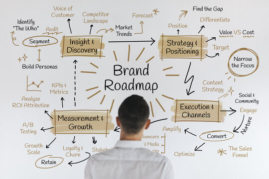 Man analyzing a Brand Roadmap with strategic business concepts on a board.