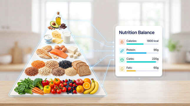 Food pyramid with fruits, vegetables, grains, and protein sources connected to a nutrition panel showing calories, protein, carbs, and fats in a kitchen setting.