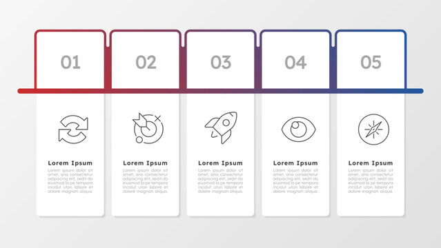 Sustainable business development blue gradient infographic 5 steps. Corporate ethics. Organization core values. Office coordination. Editable thin line icons diagram process. Lexend font used