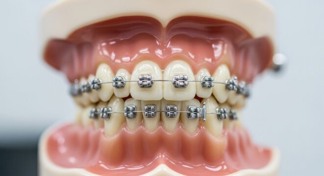 Close-up of dental braces on teeth model, showcasing orthodontic treatment.