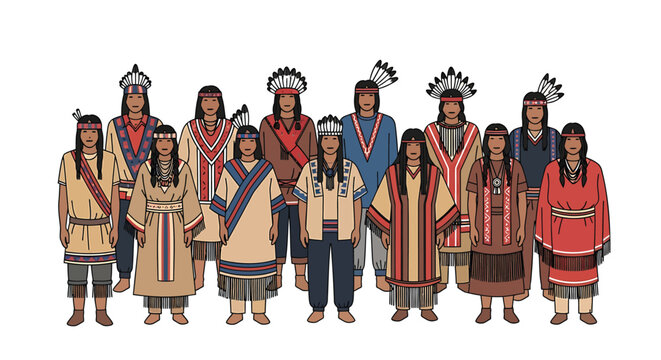 Indigenous people in traditional clothing standing together native american cultural celebration community gathering diverse ages and attire colorful headdresses and robes