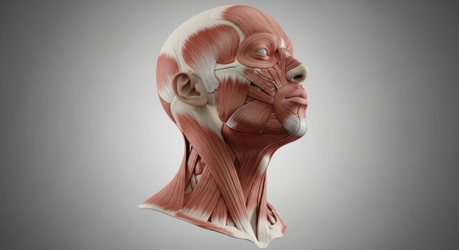 Detailed anatomical illustration of human head muscles, showcasing the intricate structure and layers.