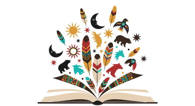 Vibrant indigenous cultural symbols emerging from open book on white background